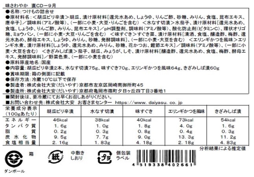 京つけもの詰合せ頒布会の9月ラベル