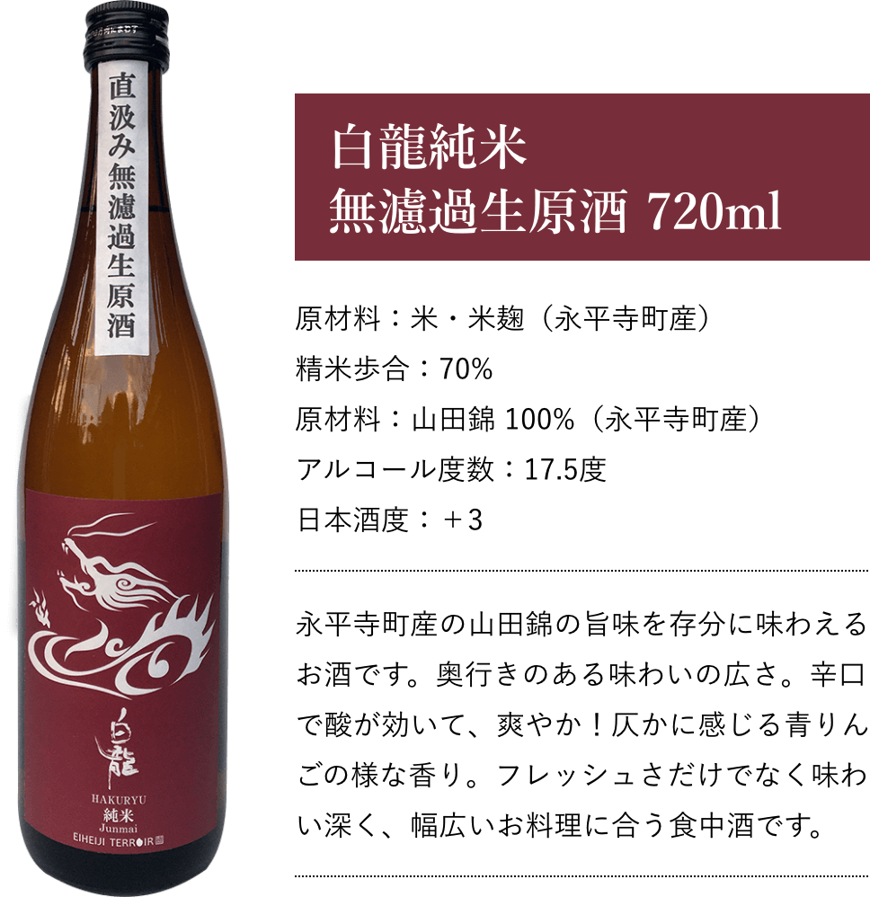 白龍純米 無濾過生原酒 720ml 原材料：米・米麹（永平寺町産） 精米歩合：70% 原材料：山田錦 100%（永平寺町産） アルコール度数：17.5度 日本酒度：＋3 永平寺町産の山田錦の旨味を存分に味わえるお酒です。奥行きのある味わいの広さ。辛口で酸が効いて、爽やか！仄かに感じる青りんごの様な香り。フレッシュさだけでなく味わい深く、幅広いお料理に合う食中酒です。