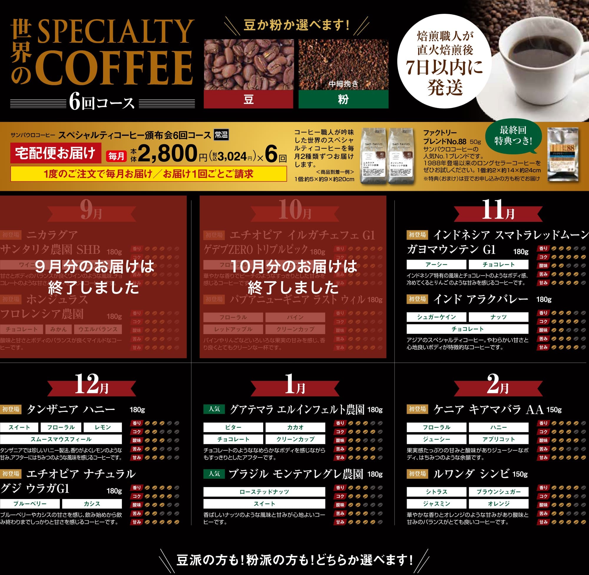スペシャルティコーヒー（豆）頒布会6回コース、スペシャルティコーヒー（粉）頒布会6回コース