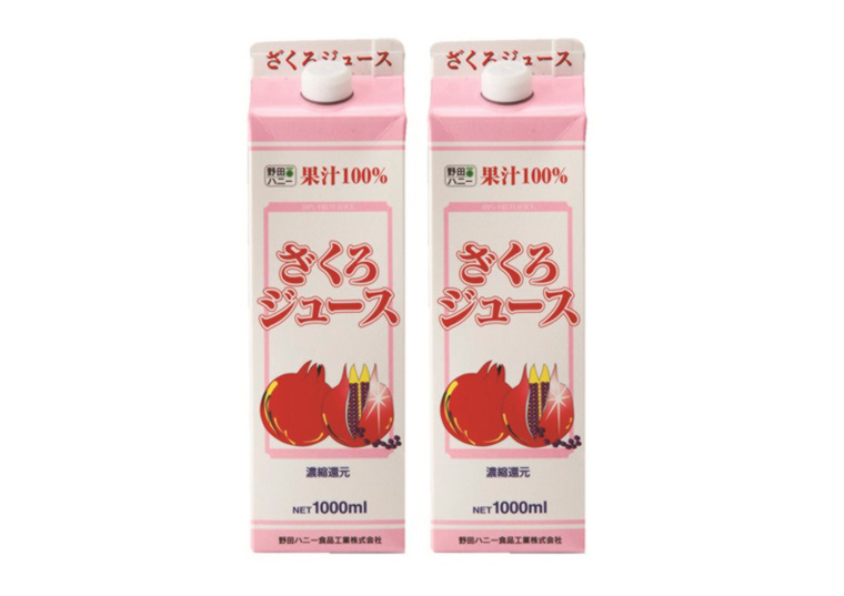 「ざくろジュース１００％　１０００ｍｌ×２本」の包材画像