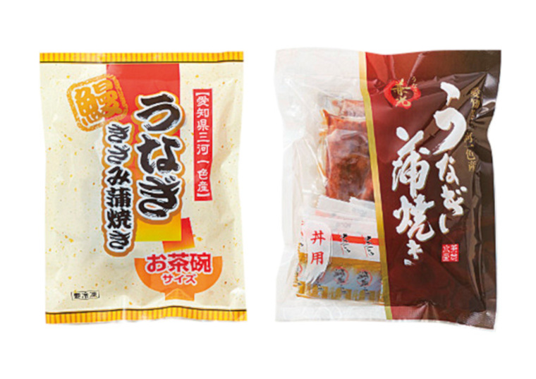 「三河一色産うなぎ蒲焼セット　鰻蒲焼カット・きざみ鰻　各４袋」の包材画像