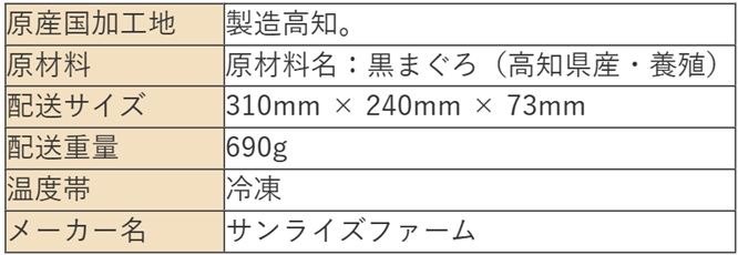 「うみのファームＲプレミアム　お刺身用黒まぐろ柵セット　３柵セット６００ｇ」の配送サイズやアレルゲンなどの詳細情報画像