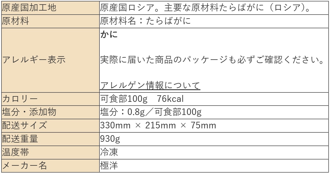 「ボイルたらばがにハーフポーション　８００ｇ」の配送サイズやアレルゲンなどの詳細情報画像